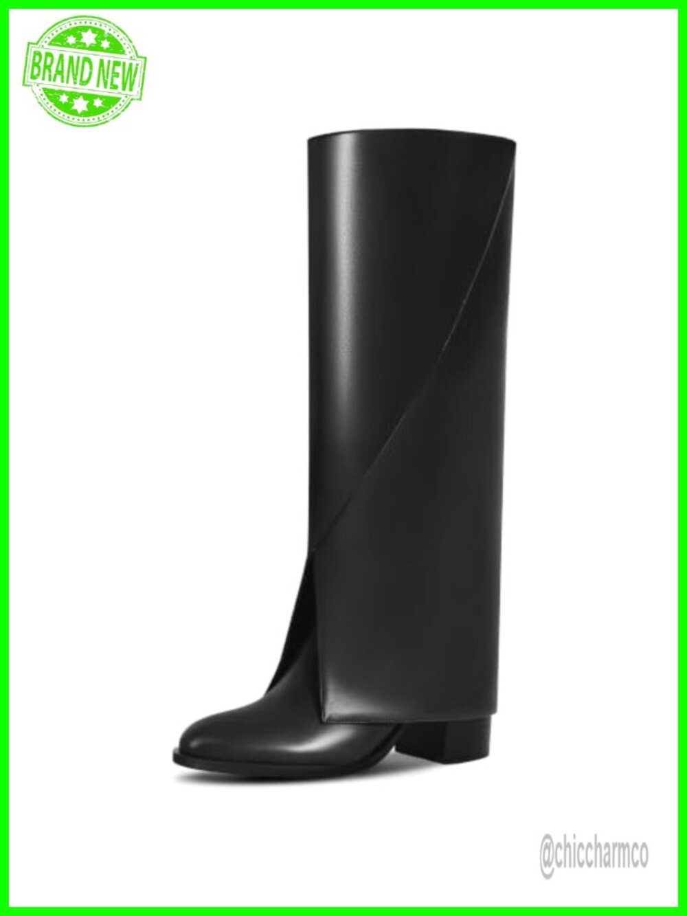 Knee High Fold Over Boots Chunky Block Heel Pointed Toe Faux Leather Tall